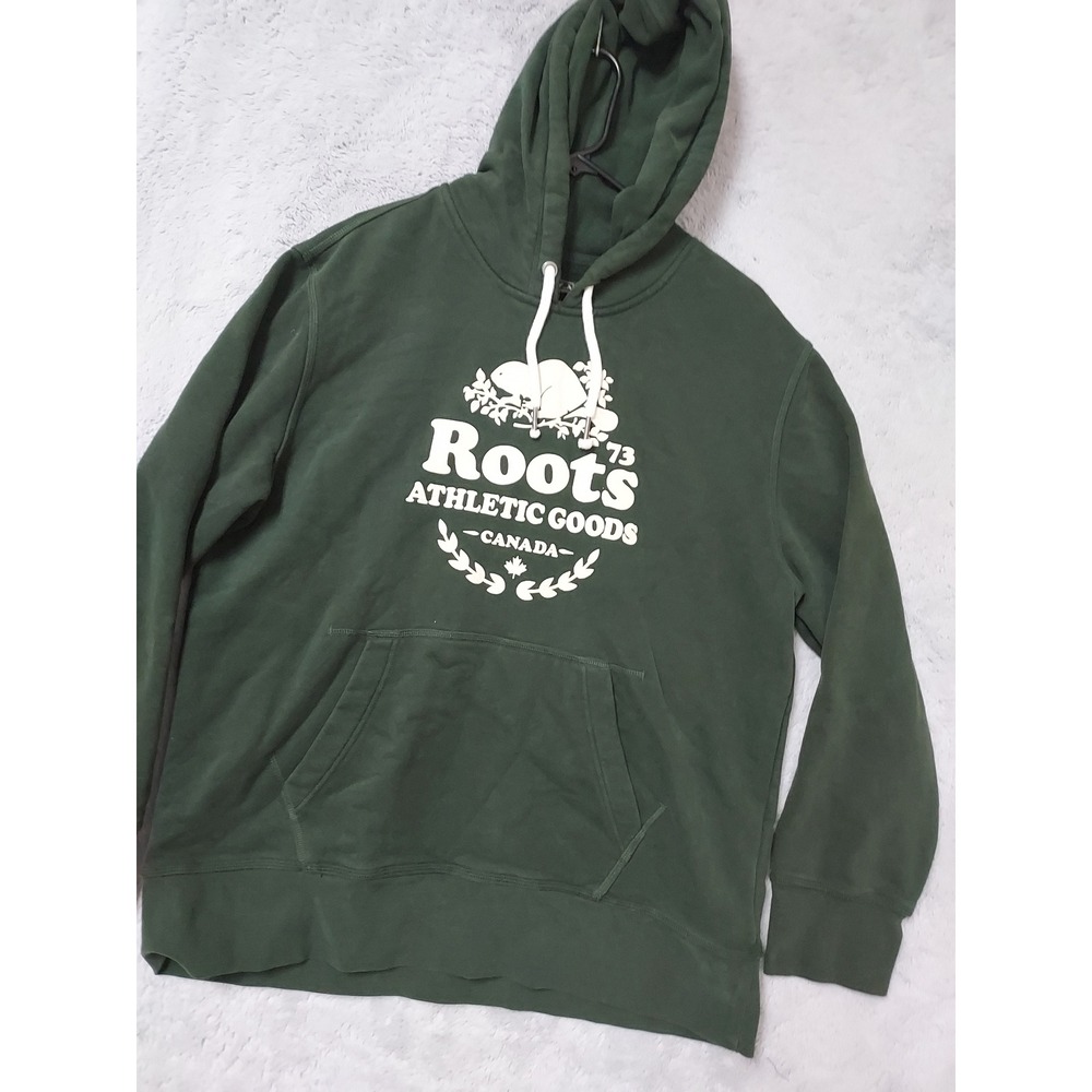 Roots Hoodie Mens XL Green Felt Print Logo Canada Beaver Green Sweatshirt Fleece